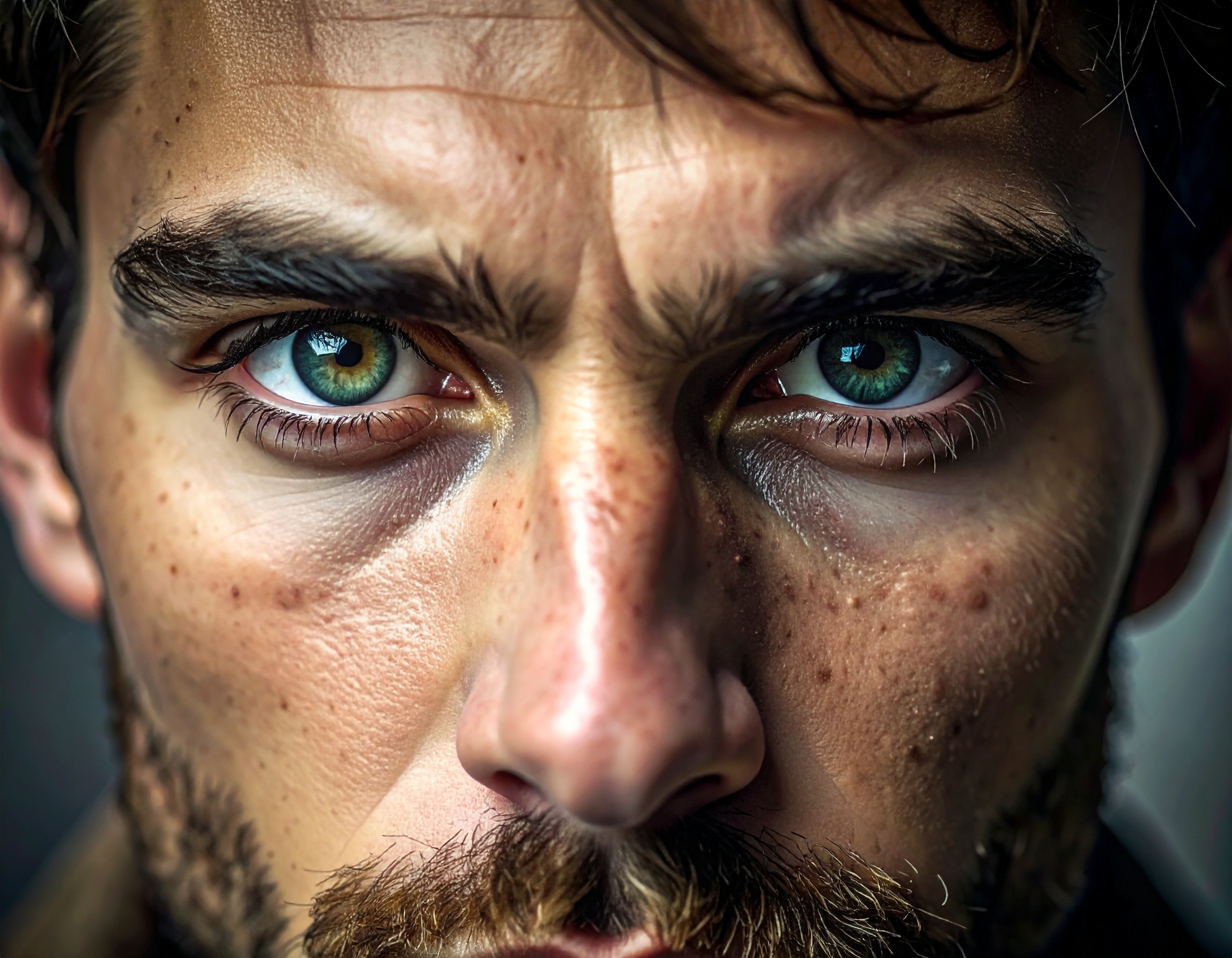 A close-up of a man with intense, focused hunter eyes.